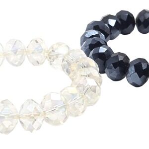 Two‎ Chunky Glass Beaded Stretch Bracelets Black and Irridescent Crystal Clear